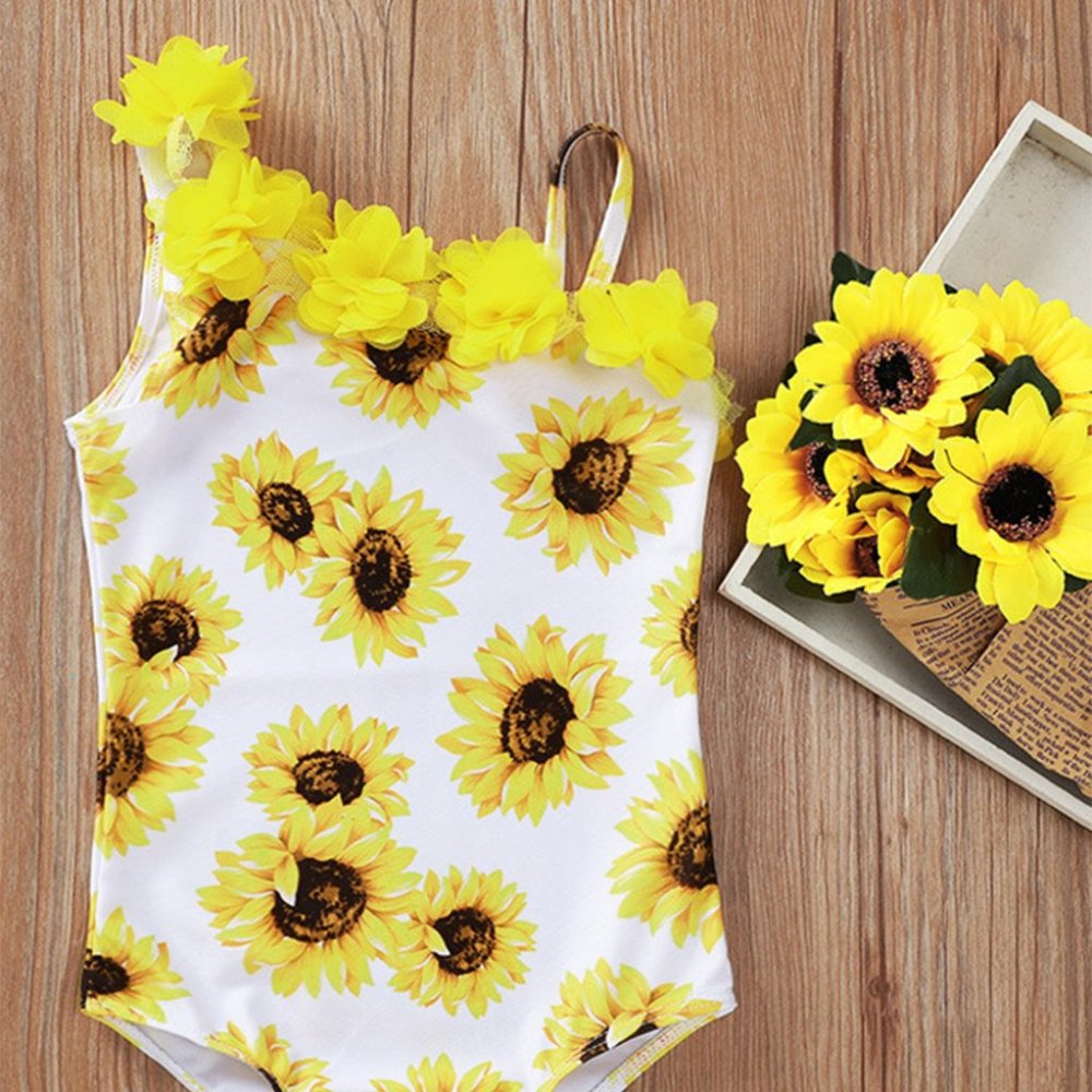 Yellow-White 3D Sunflower One-Piece Girl Swimsuit
